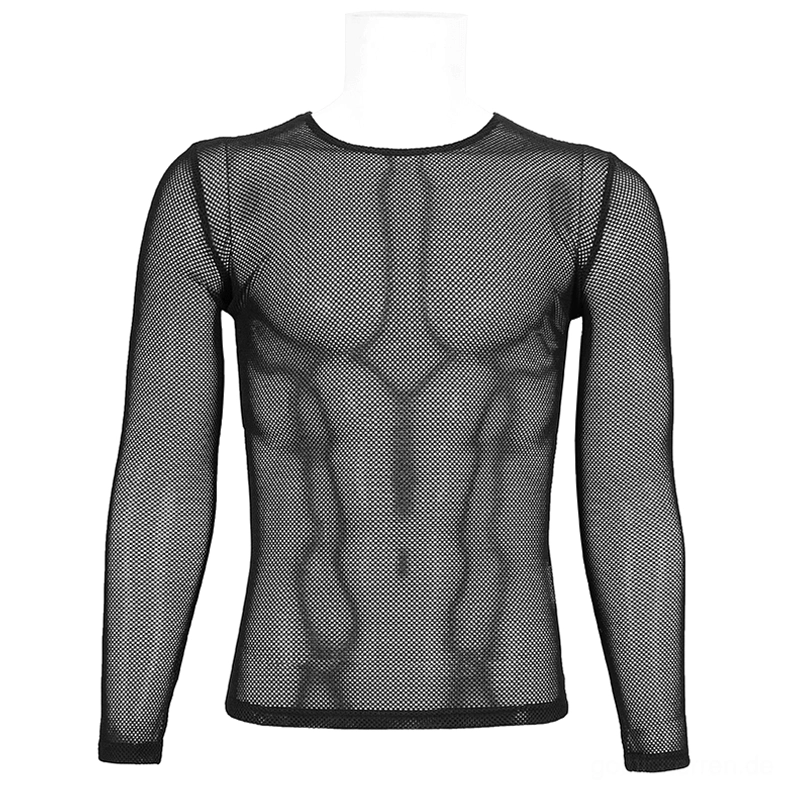 Schwarzes Hexagon-Netzoberteil Langarm Gothic-Stil auf Schaufensterpuppe – Crew-Neckline, Frontansicht, enganliegender Schnitt auf weißem Hintergrund