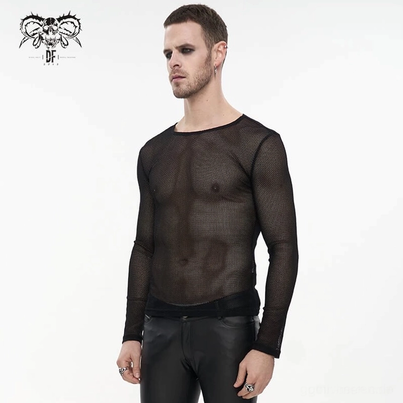 Größen- und Pasform-Guide für schwarzes Hexagon-Netzoberteil für Herren – zeigt verschiedene Größen auf Schaufensterpuppen zur Orientierung
