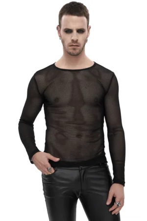 Schwarzes Hexagon-Netzoberteil Langarm Gothic-Stil für Herren mit engem Schnitt, getragen mit schwarzer Lederhose – Frontansicht eines Mannes