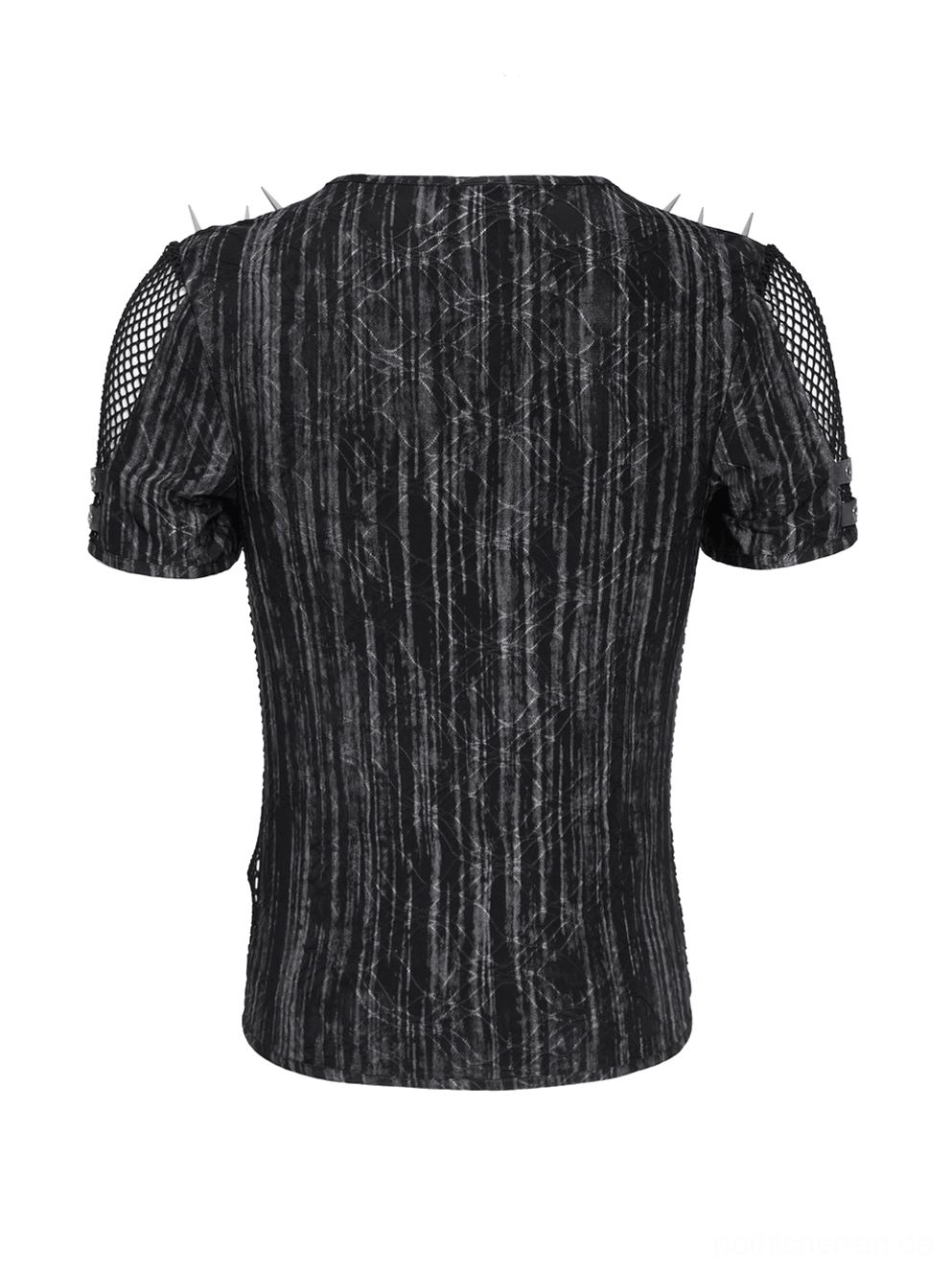 Schwarzes Industrial Mesh T-Shirt Rückenansicht Mannequin mit Spike-Schulter-Akzenten und zerrissener Stoff-Textur