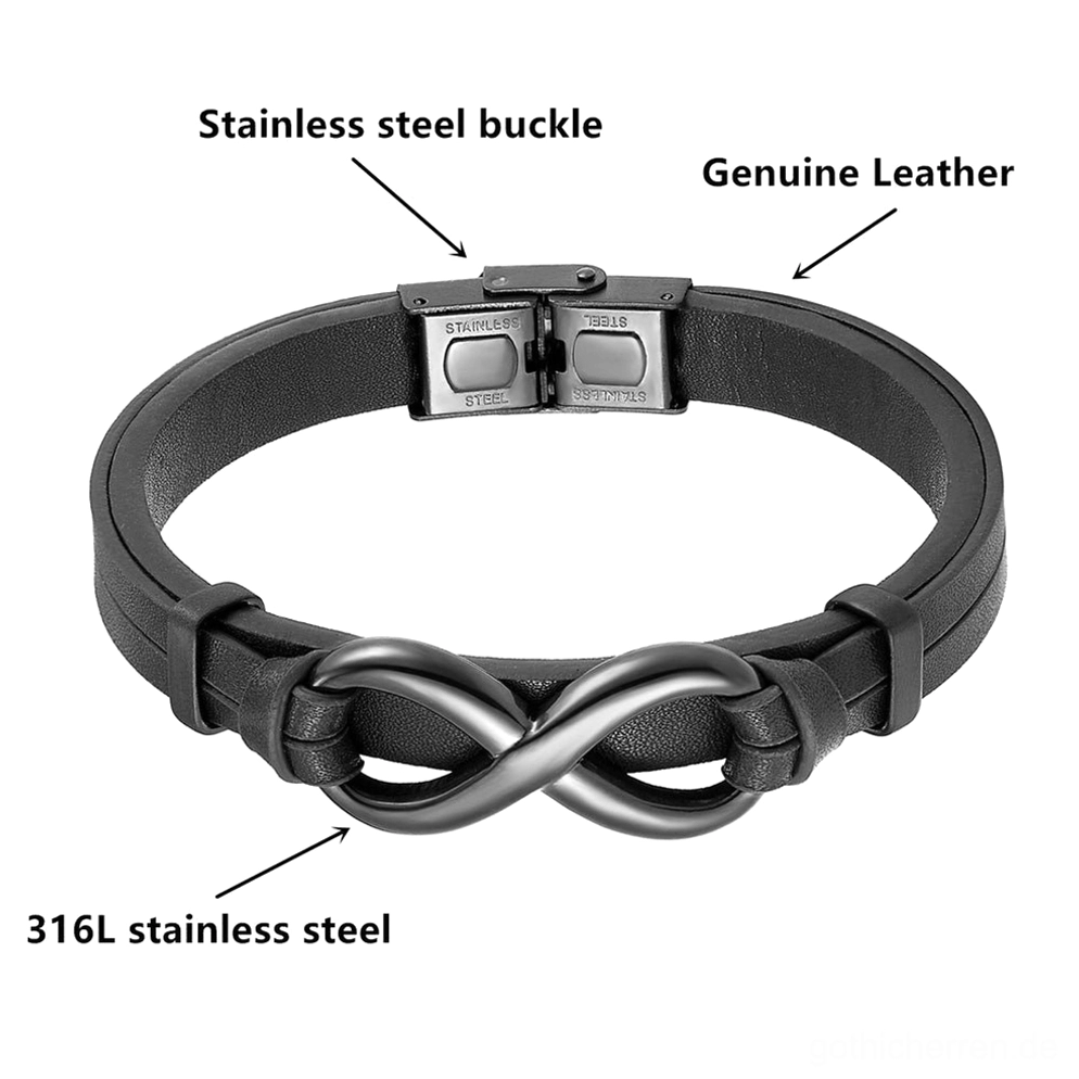 Schwarzes Infinity-Lederarmband Draufsicht zeigt 316L Edelstahl Hardware und echtes Leder Material, Verschlussmechanismus Detail
