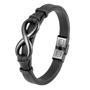 Schwarzes Infinity-Lederarmband für Herren mit 316L Edelstahl Infinity-Symbol, gotisches Design Frontalansicht, minimalistische Designdetails