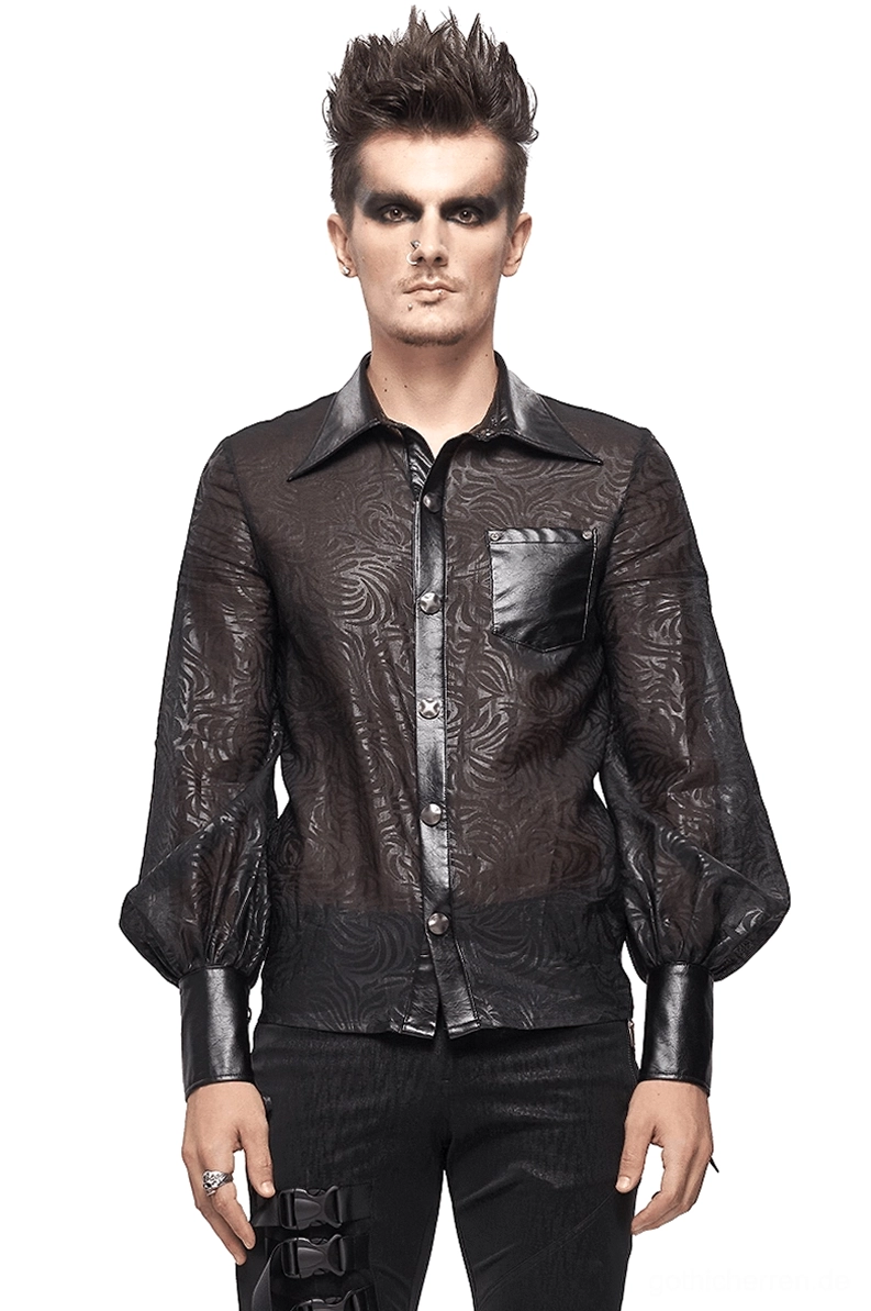 Schwarzes Jacquard-Durchsichthemd mit PU-Ledermanschetten – Vorderansicht auf männlichem Model im Punk-Gothic-Stil mit transparentem Mesh-Stoff und wirbelndem Muster-Detail