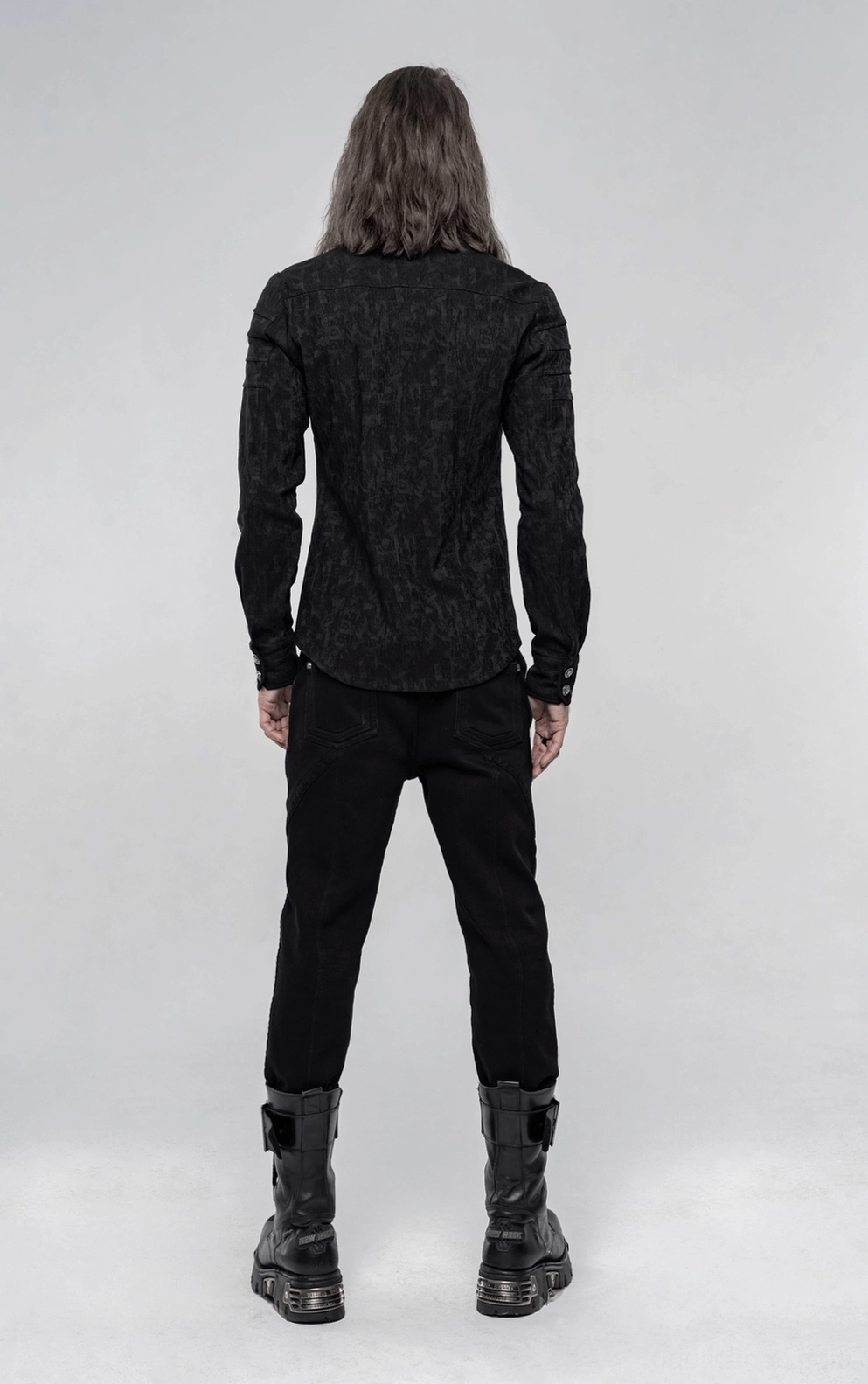Schwarzes Jacquard Gothic Hemd - Detailansicht betont Spitzenkragen und Knopfleisten-Design mit strukturiertem Jacquard