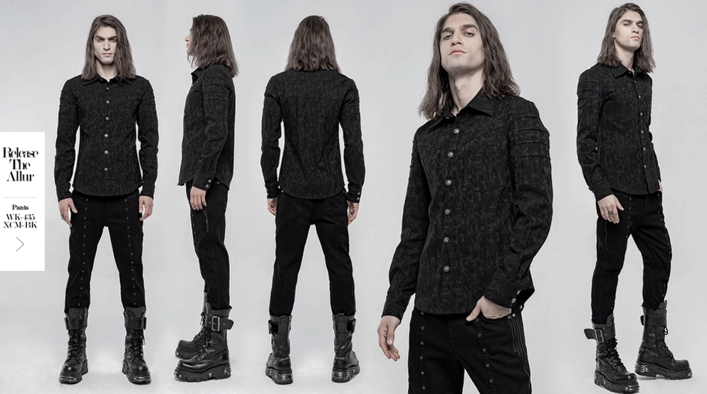 Schwarzes Jacquard Gothic Hemd mit Totenkopf-Knöpfen - Vollständige Produktübersicht auf weißem Hintergrund zeigt alle Designelemente