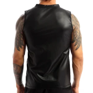 Schwarzes Kunstleder-Gothic-Muskelshirt Rückansicht mit glatter ärmellose Rückenpartie, nahtlose Konstruktion, reines schwarzes Kunstleder-Finish