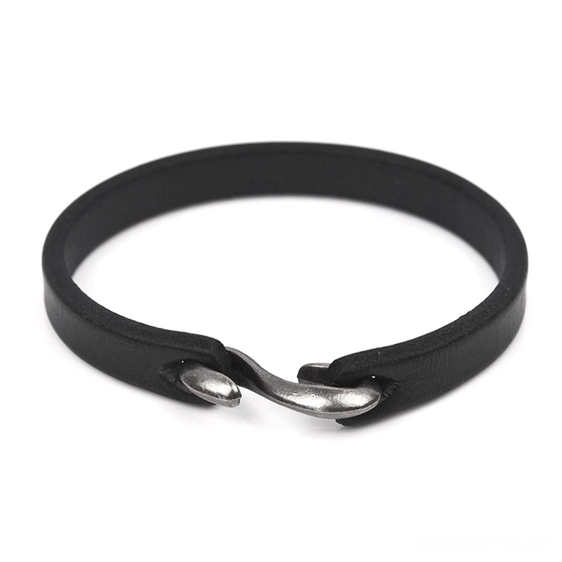 Minimalistisches schwarzes Lederarmband mit Bootshaken-Verschluss, neo-gothic Herren-Armband mit vollkornigem Rindsleder und Kupferhardware