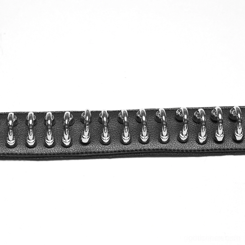 Makro-Nahaufnahme Detail schwarzes Lederhalsband zeigt präzise Silberring-Befestigung und glatte schwarze Ledertextur
