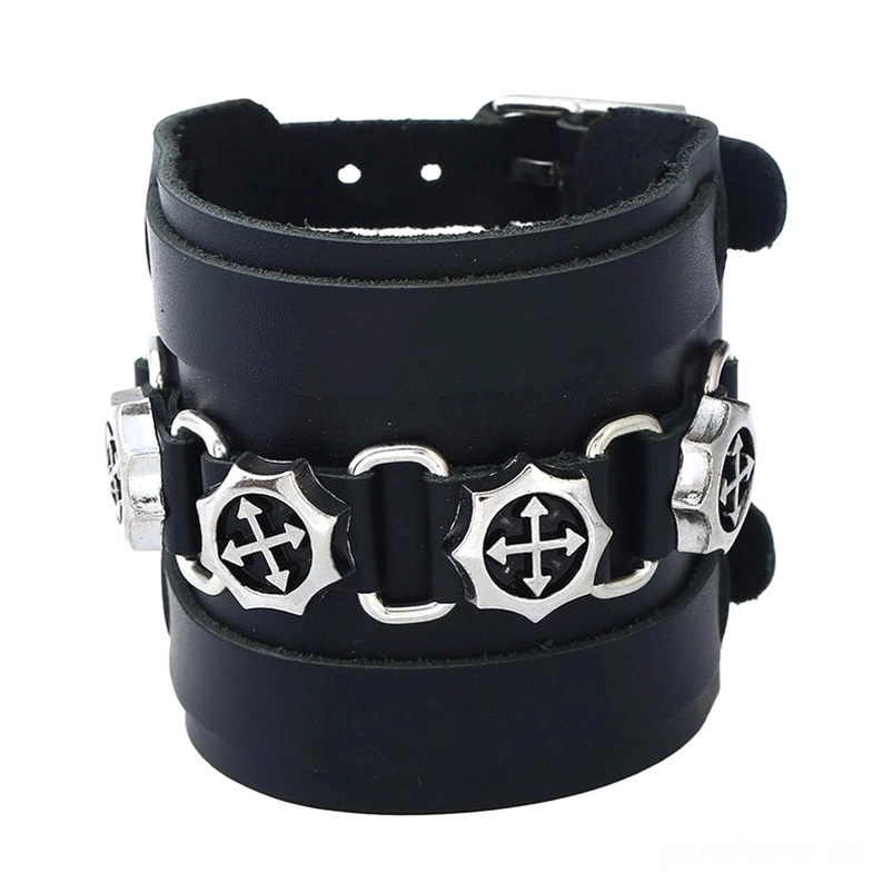 Schwarzes breites Leder-Gothic-Punk-Armband mit geometrischem Kreuzmuster-Design, Alternative Mode Schmuckdetail