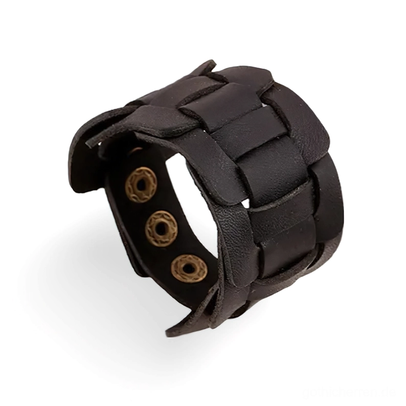 Schwarzes geflochtenes Leder Gothic Cuff Armband mit Messing-Schnappverschlüssen, Detailaufnahme der inneren Verstellungsriemen und Schnappvorrichtungen, Alternative Dark Fashion