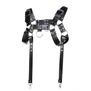 Schwarzes PU-Leder-Brust-Ledergeschirr mit verstellbaren Riemen und Metallnieten, gotisches Bondage-Harness für Männer, flache Vorderansicht