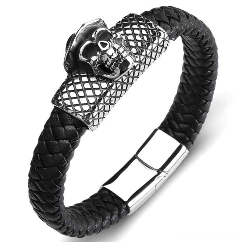Schwarzes gewebtes Leder Schädel Armband mit silbernem Magnetverschluss, Ansicht von oben auf weißem Hintergrund mit feiner Gitterstruktur und silbernem Schädel-Charm mit Zylinderhut