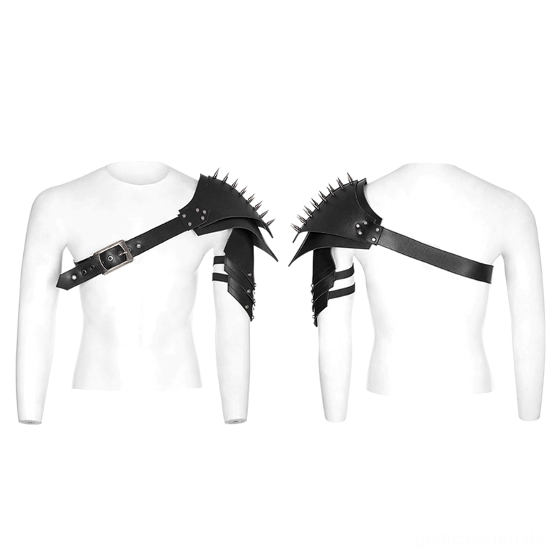 Schwarzes Leder-Schulter-Harness mit Kegel-Spikes in Vorder- und Rückansicht auf weißem Schaufensterpuppen-Torso mit verstellbarer Metallschnalle