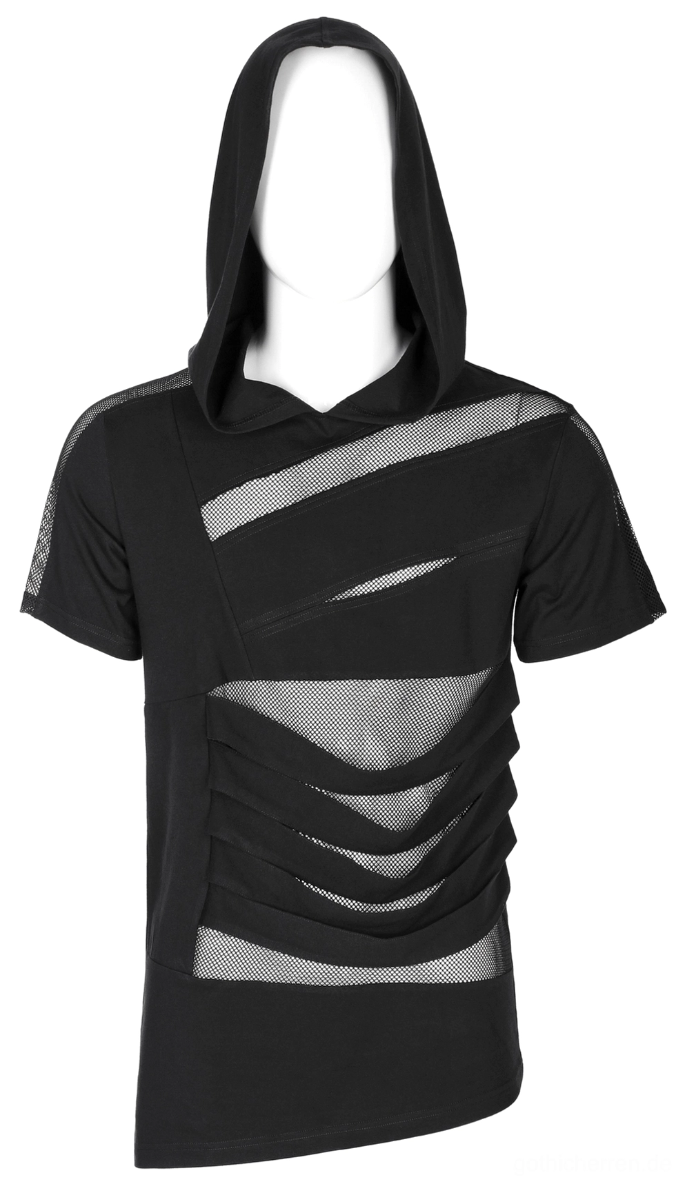 Schwarzes Mesh-Gothic-Kapuzen-T-Shirt Frontdetail mit Mesh-Paneele-Ausschnitt-Design und geschichteten Stoffstreifen, Mannequin-Display