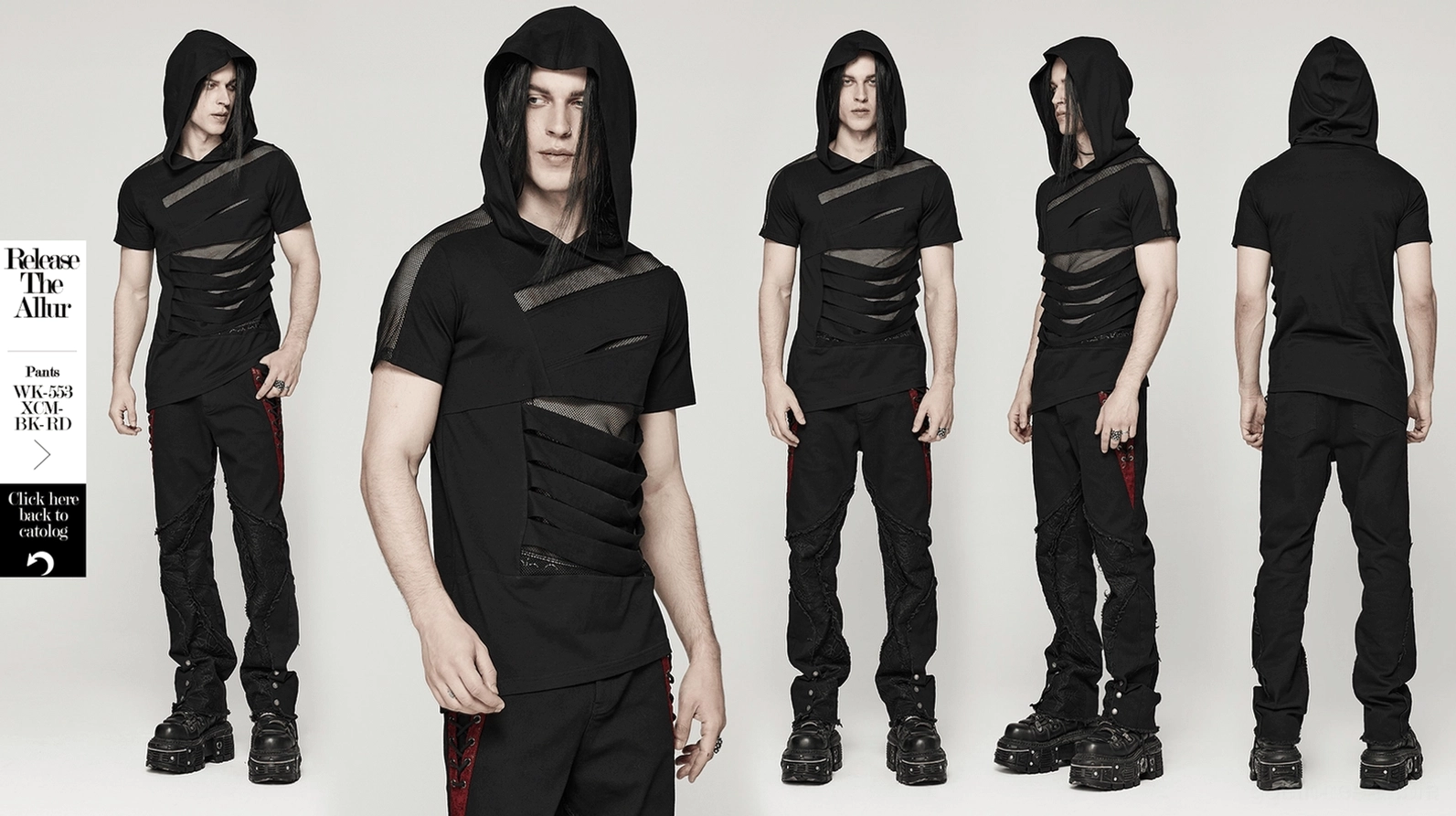 Schwarzes Mesh-Splicing Gothic Kapuzen-T-Shirt Hauptprodukt-Shot mit Mesh-Splicing und Kapuzen-Design, Studio-Produktfotografie mit reiner schwarzer Farbe