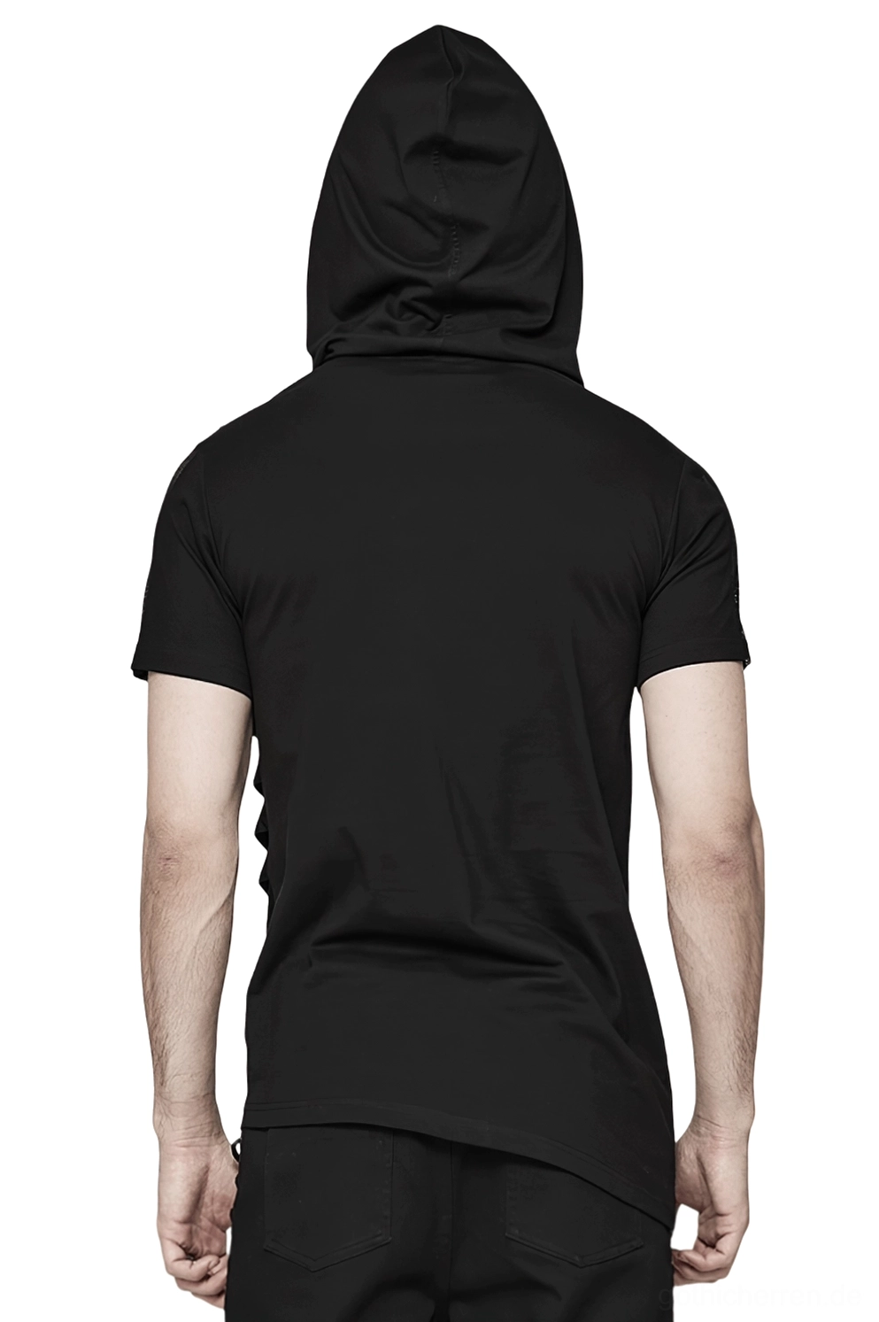 Schwarzes Mesh-Gothic-Kapuzen-T-Shirt Rückansicht mit durchgehendem schwarzem Rückenpanel, angebrachter Kapuze und Kurzärmeln, Studio-Mannequin