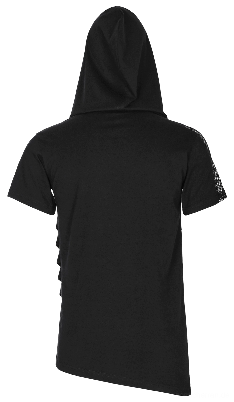 Schwarzes Mesh-Gothic-Kapuzen-T-Shirt Rückdetail mit solidem schwarzem Rückenpanel, subtilen Mesh-Details auf Ärmeln und präzisen Nähten