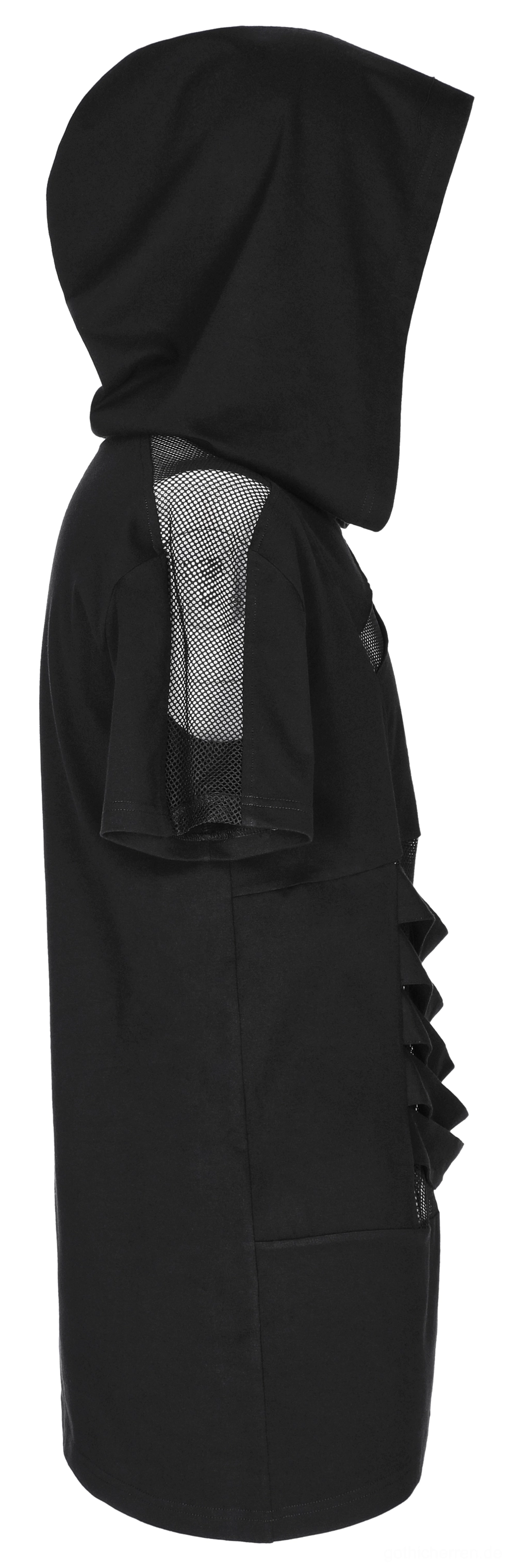 Schwarzes Mesh-Splicing Gothic Kapuzen-T-Shirt Seitenprofil-Ansicht mit asymmetrischem Saum und angebrachter Kapuze, schlanke Silhouette