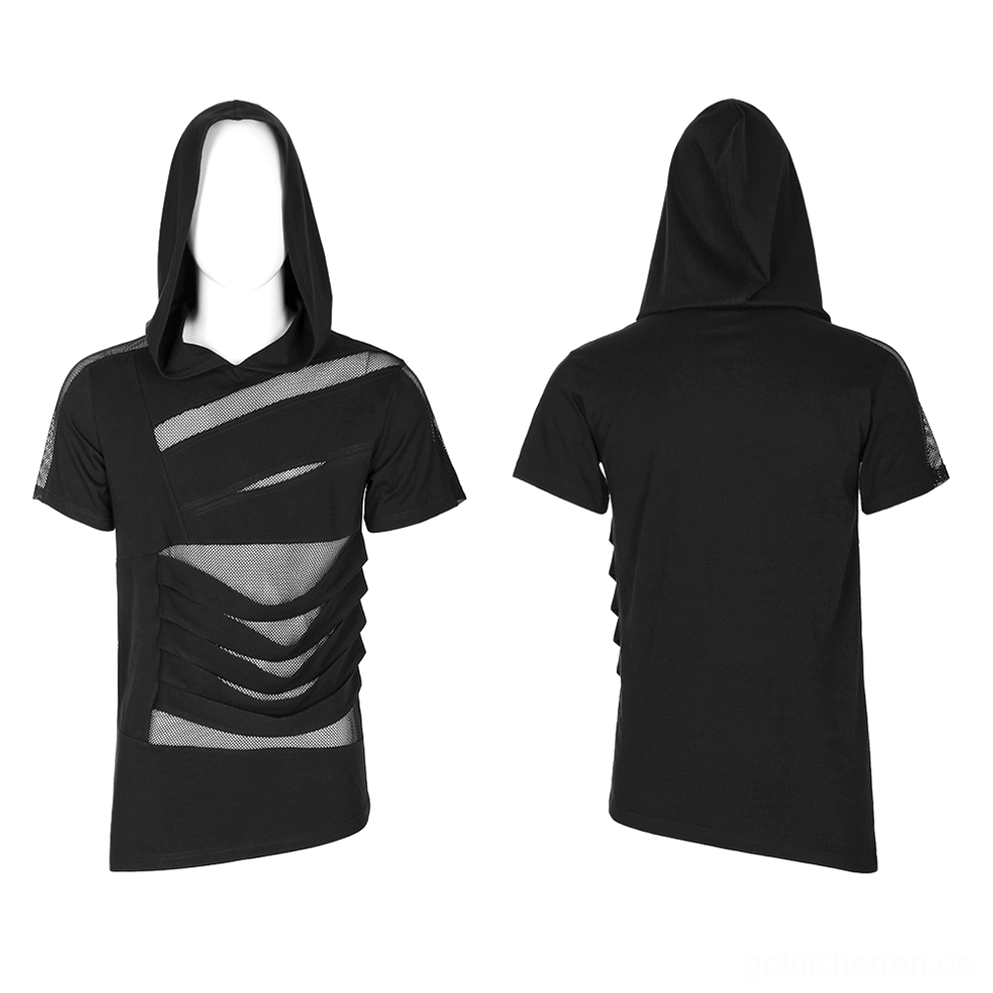 Schwarzes Mesh-Splicing Gothic Kapuzen-T-Shirt duale Vorder- und Rückansicht auf Mannequin, Kurzärmel-Silhouette mit asymmetrischem Saum