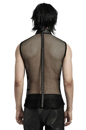 Schwarzes Mesh Gothic Punk Muskelshirt Rückansicht zeigt zentralen Reißverschluss Detail und Fischnetz-Stoff - Gothic Tanktop mit funktionalem Rückenzipper