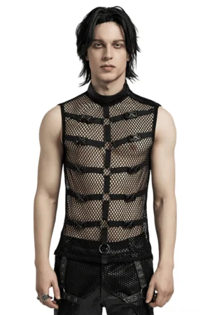 Schwarzes Mesh Gothic Punk Muskelshirt Vorderansicht auf männlichem Modell mit Stehkragen und Metallschnallenbändern - Gothic Tanktop mit Netzstoff und industriellem Design