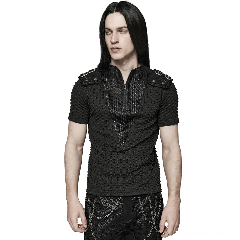 Schwarzes Mesh-Gothic-Tactical-Shirt mit genieten Schultergurten, Vorderansicht auf Modell mit halb-offenem V-Ausschnitt und Stehkragen, industrielle Punk-Ästhetik