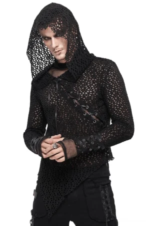 Schwarzes Mesh-Kapuzenshirt mit asymmetrischer Schnürung am männlichen Model in Vorderansicht – Gothic Punk Herrenmode in schwarz