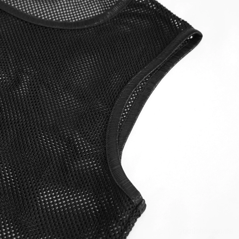 Detailaufnahme Armloch-Kante schwarzes Mesh Muskelshirt – zeigt saubere Bindungskante, feines Mesh-Gewebe und hochwertige Nähte des ärmellosen gotischen Tank Tops