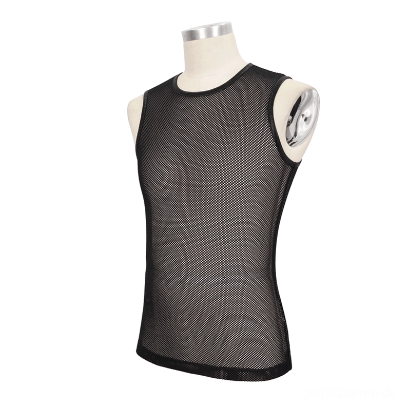 Gotisches schwarzes Mesh Muskelshirt Dreiviertel-Frontansicht auf Mannequin – demonstriert Slim-Fit Silhouette, transparentes Mesh-Gewebe und professionelle Verarbeitung des ärmellosen Tank Tops