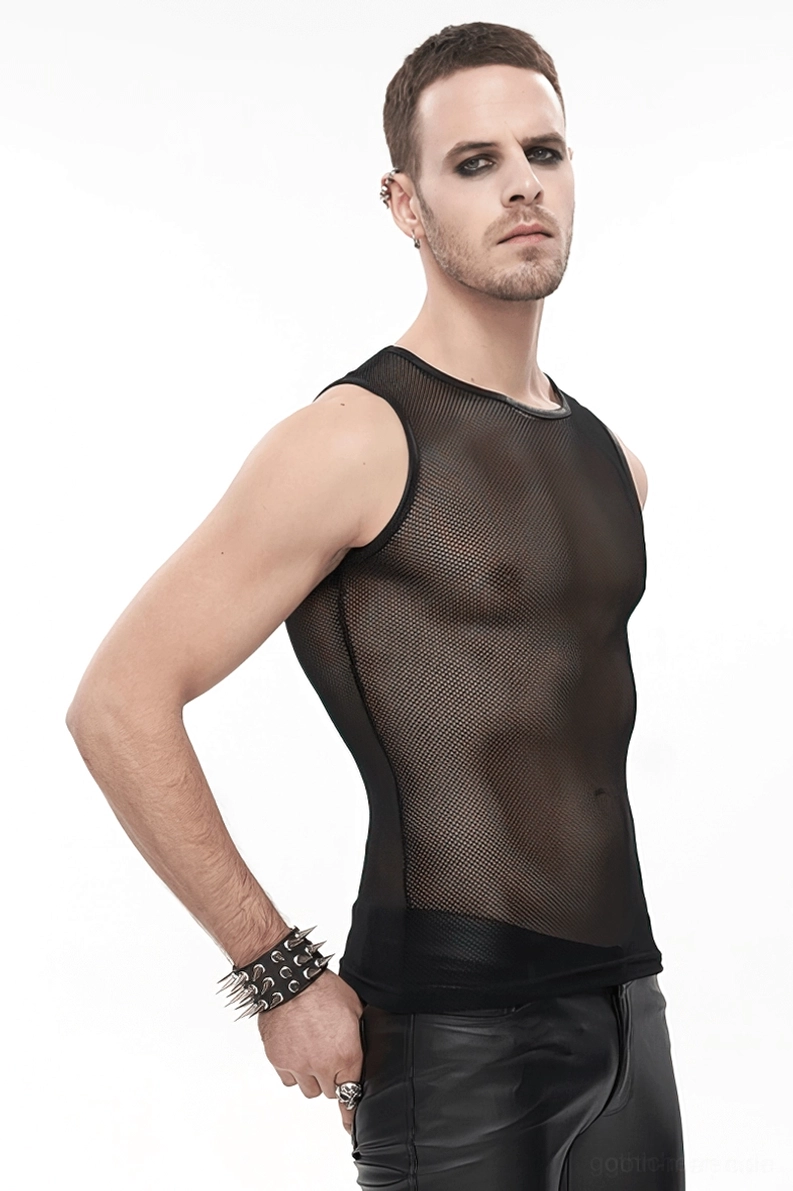 Schwarzes Mesh Muskelshirt Lifestyle Produktbild – zeigt zeitgenössisches gotisches Muskelshirt im praktischen Dark Fashion Styling und alltäglichen Trageformat für alternative Mode