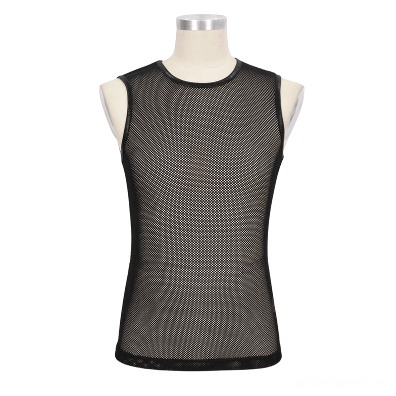 Schwarzes Polyamid Mesh Muskelshirt Frontansicht auf Schneiderpuppe – zeigt durchsichtiges Rundhals-Design, taillierte Passform und feines Strickgewebe des ärmellosen Tank Tops