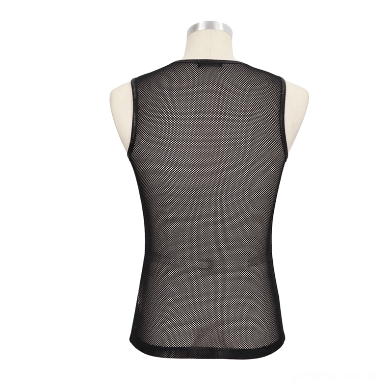 Schwarzes Mesh Muskelshirt Rückansicht auf Schneiderpuppe – zeigt vollständige durchsichtige Mesh-Konstruktion, saubere Saumkante und gleichmäßiges Strickgewebe des ärmellosen Tank Tops