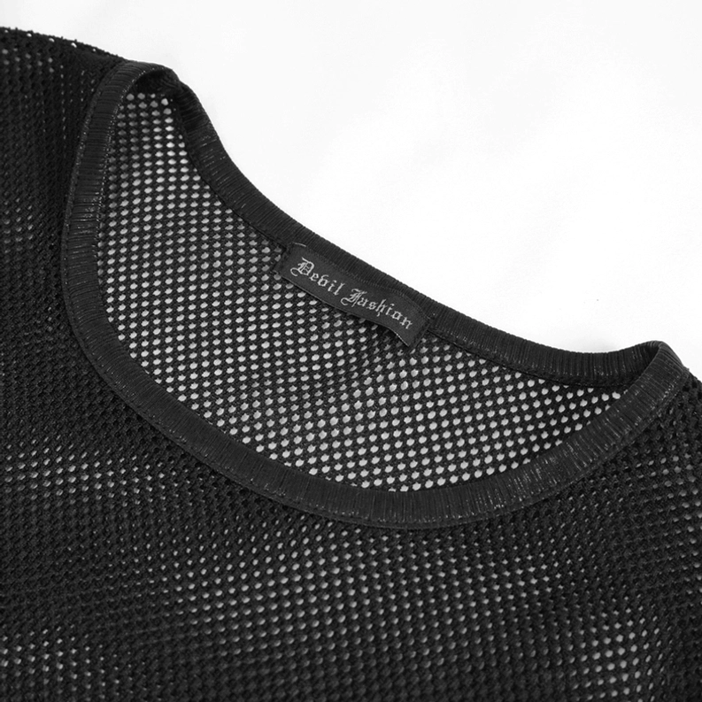 Detailaufnahme Rundhals-Ausschnitt schwarzes Mesh Muskelshirt – zeigt hochwertige Bindungsverarbeitung, Qualitätskonstruktion und professionelle Nahtfinish des gotischen Tank Tops