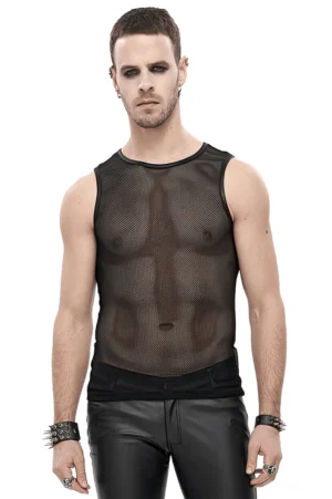 Schwarzes durchsichtiges Mesh Muskelshirt mit Rundhals – Frontansicht auf männlichem Model zeigt gotische Ästhetik und Slim-Fit Silhouette des ärmellosen Tank Tops