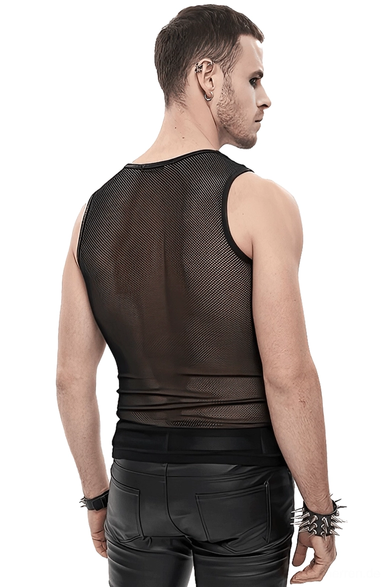 Gotisches schwarzes Mesh Muskelshirt Rückansicht stylt mit schwarzer Lederhose und Spikes Schmuck – Seitenprofilansicht zeigt alternative Mode Koordination und durchsichtige Mesh Konstruktion