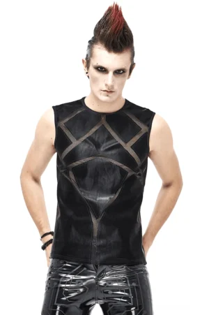 Schwarzes Mesh-Tanktop für Herren Vorderansicht mit geometrischem Stickmuster und Kunstlederpanels, getragen von Punk-stylisiertem Model mit Patent-Lederbeinen in Studio-Setting