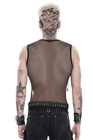 Schwarzes Mesh-Tanktop Rückansicht zeigt durchsichtiges Mesh-Gewebe, Nieten-Taillengürtel und seitliche Ketten-Details, Gothic Herren-Tankshirt