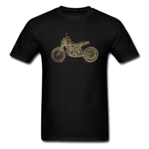 Schwarzes Motorrad-Gothic-T-Shirt mit Gold Line-Art Druck, Flatlage Vorderansicht mit reinem Baumwoll-Crew-Neck und minimalistischer Grafik