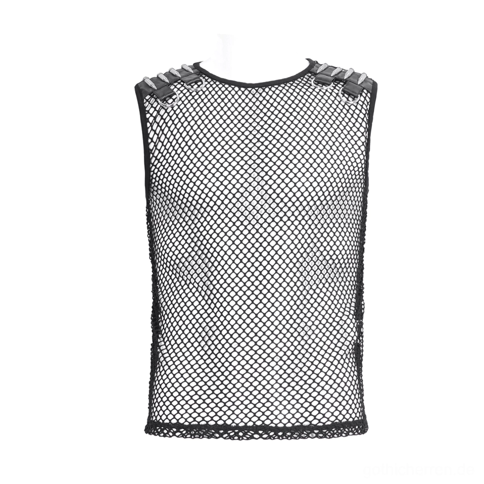 Schwarzes Fischnetz-Muskelshirt Frontansicht, armellos mit metallischen Bullet-Verschlüssen und Spike D-Ring Schultergurten