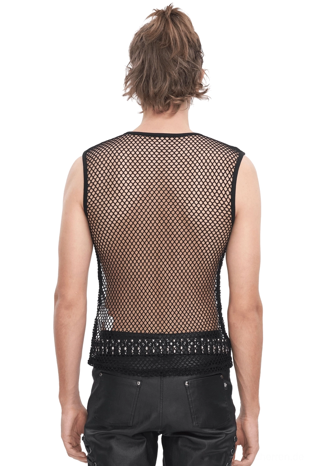 Schwarzes Netz-Muskelshirt Rückansicht, vollständiges durchsichtiges Netzpanel und elastischer Saumabschluss sichtbar