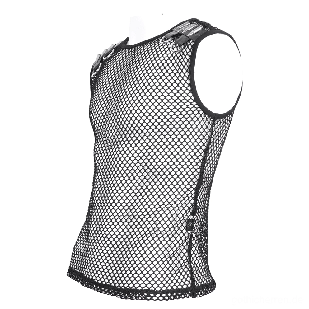 Schwarzes Fischnetz-Muskelshirt Seitenansicht auf Mannequin, seitliche Nähdetails und fitted Netzgeflecht-Konstruktion