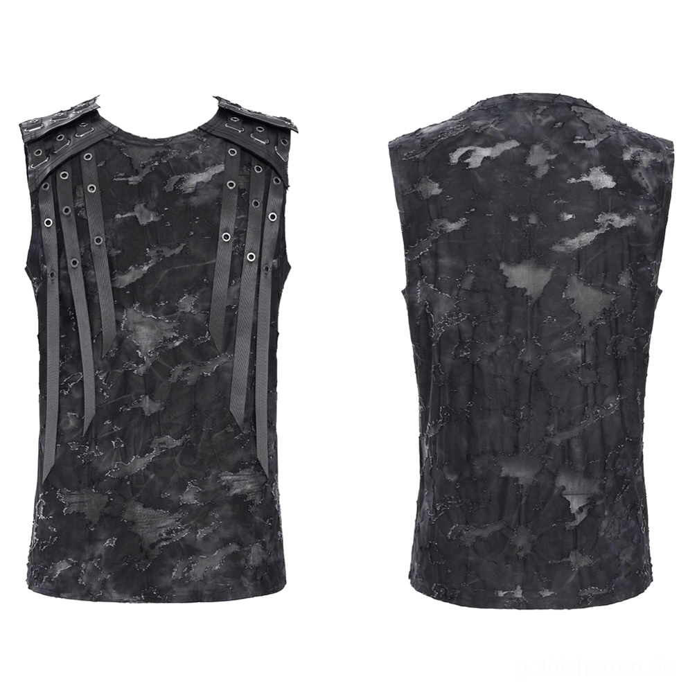 Schwarzes Ösen-Träger Muskelshirt Vorder- und Rückansicht Flat-Lay zeigt zerrissenes Tie-Dye-Muster und Kunstlederverzierungen