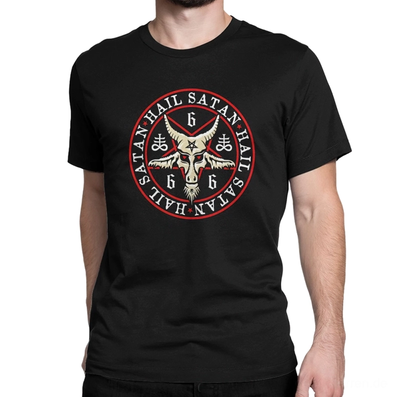 Schwarzes okkultes Pentagramm-T-Shirt Vorderansicht auf Model – invertiertes Pentagramm mit Ziegenkopf und Baphomet-Symbolik