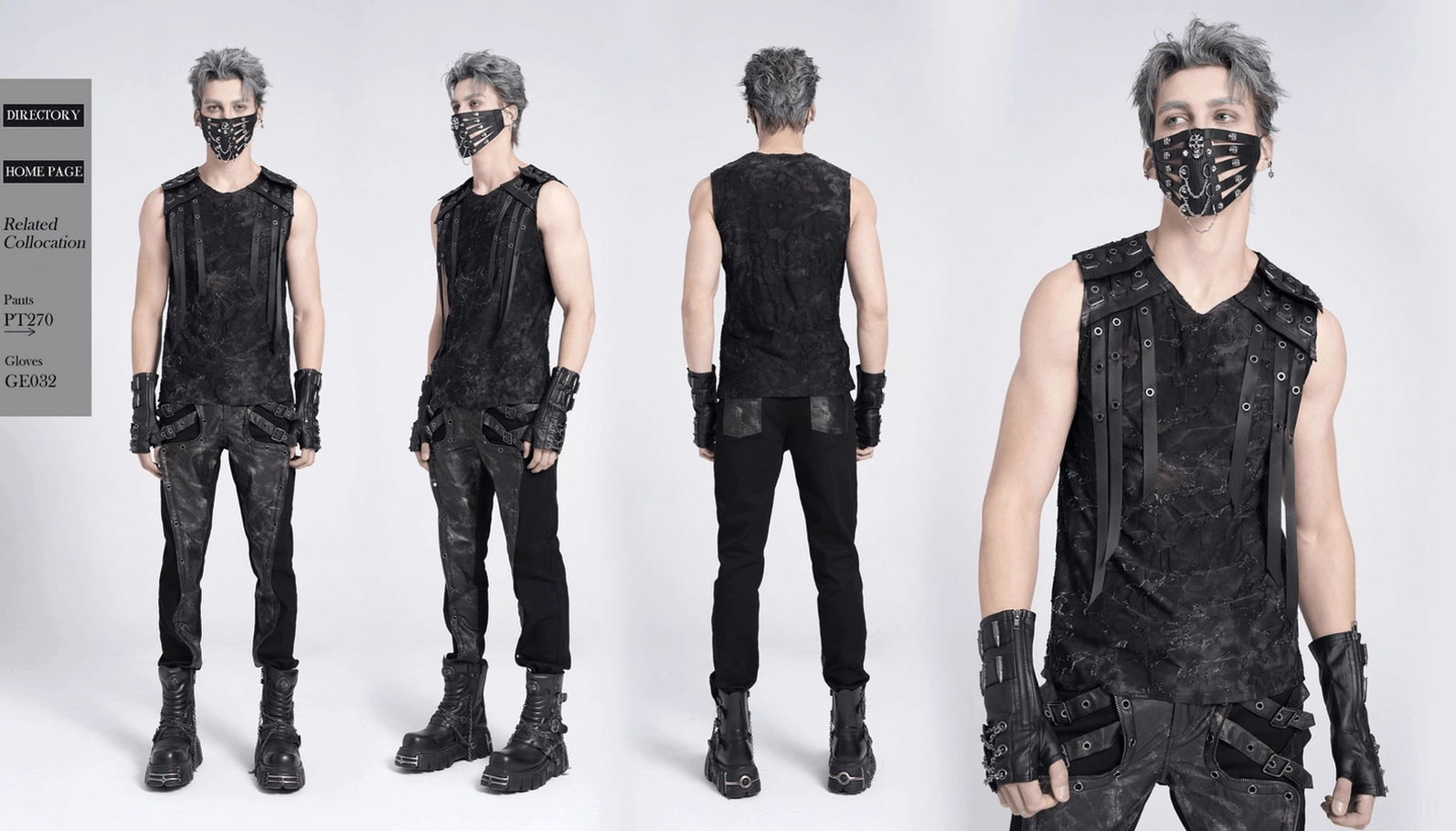 Vollständige Ansicht zerrissenes schwarzes Punk ärmeloses Oberteil mit industriellem Ösen-Schultergurt-Design
