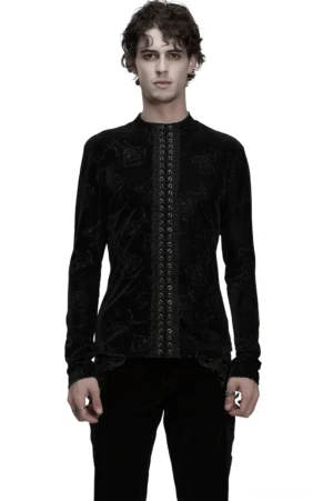 Schwarzes Rosen-Samtoberteil mit Schnürung – Gothic Langarmshirt Herren Vorderansicht auf männlichem Modell mit schlanker Passform, Stehkragen und Ösen-Schnürverschluss Detail
