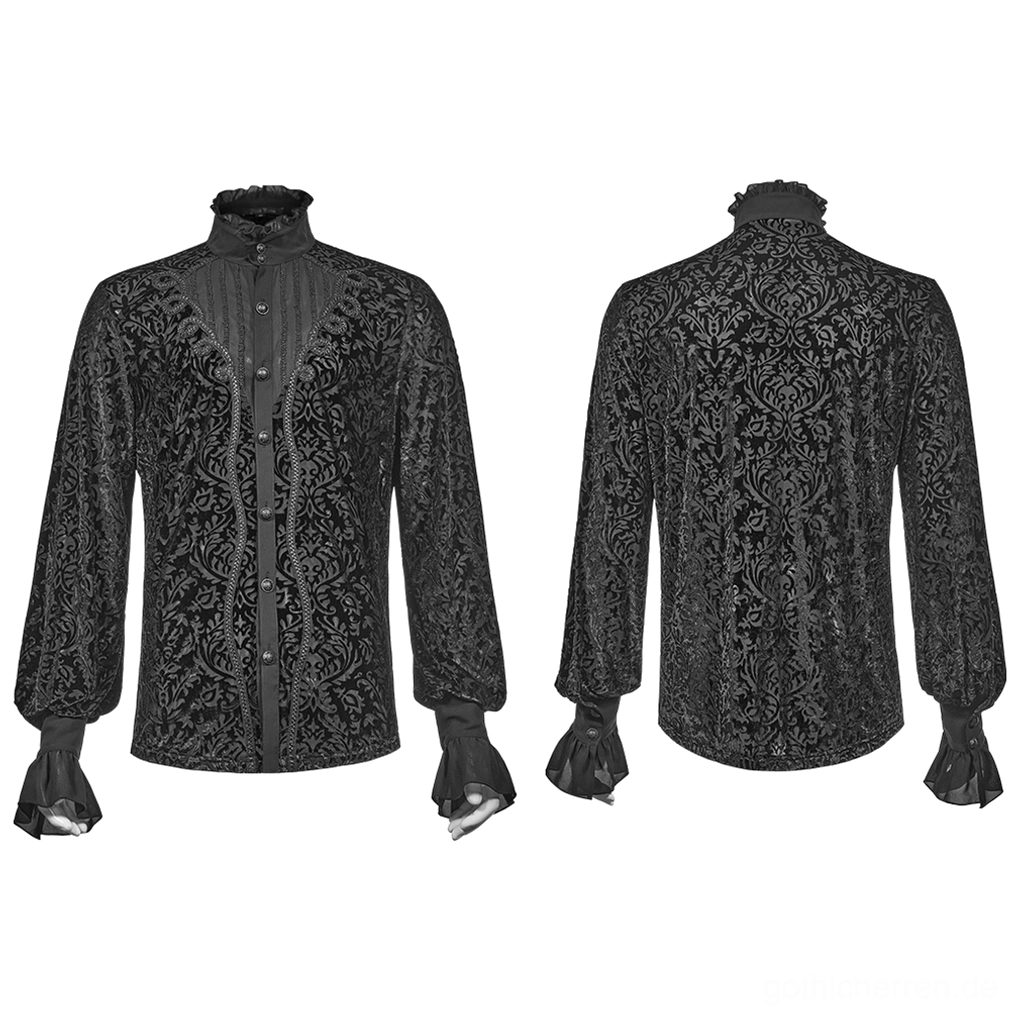 Schwarzes Samt-Damast Gothic Hemd Flat-Lay Display Vorder- und Rückseite, Rüschenmanchetten, Knopfleiste-Design, vollständige Musterabdeckung