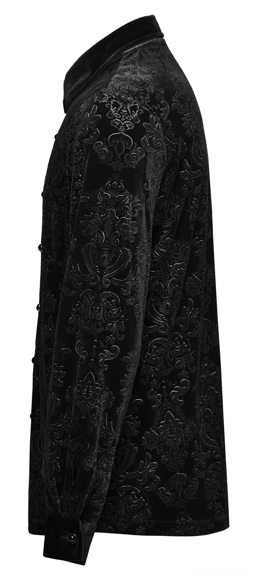 Schwarzes Samt-Damast Gothic Hemd Seitenansicht-Flatlay - geknöpfte Manschettenschließung und florale geprägte Samttextur