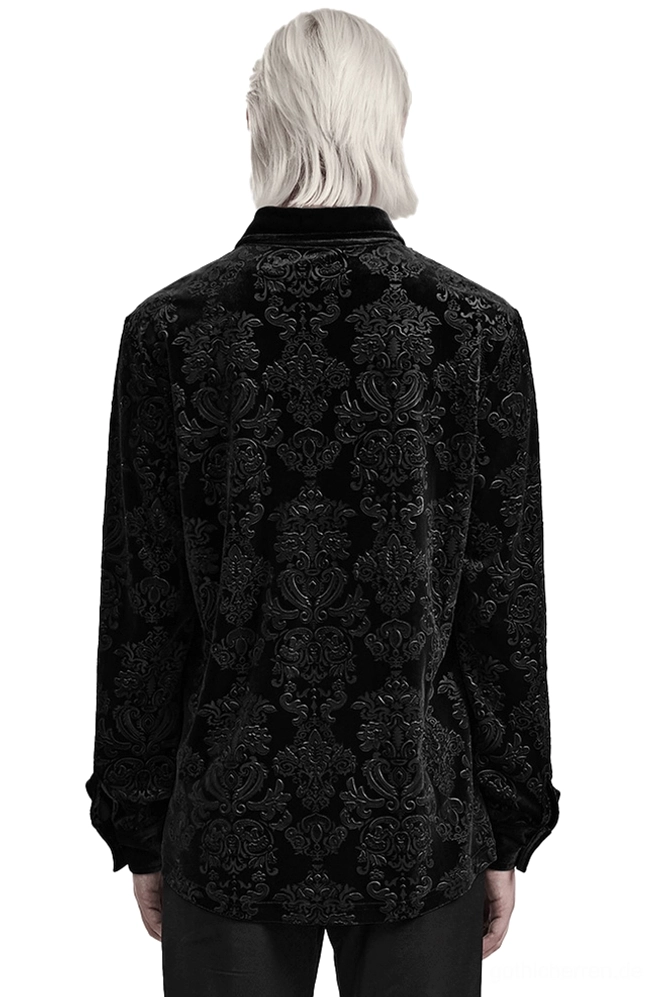 Schwarzes Samt-Damast Gothic Hemd Rückansicht auf Modell - Rückenpanel mit vollständigem Damastgewebedesign und Samttextur
