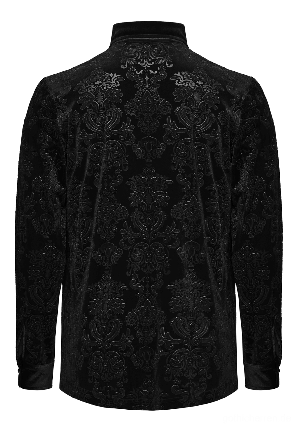Schwarzes Samt-Damast Gothic Hemd Rück-Flatlay - vollständige Rückenpanelansicht des geprägten florale Damastsamtmusters