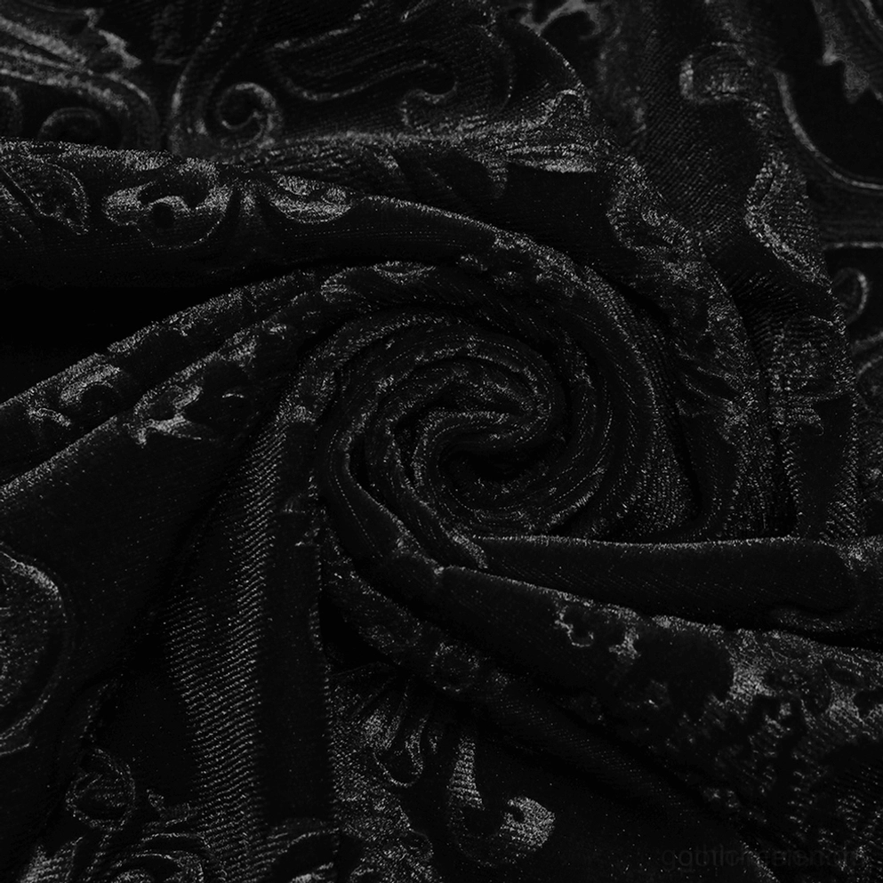 Schwarzes Samt-Damast Gothic Hemd Ganzansicht Rückseite Flatlay - komplette Rückendarstellung mit geprägtem florale Damastmuster
